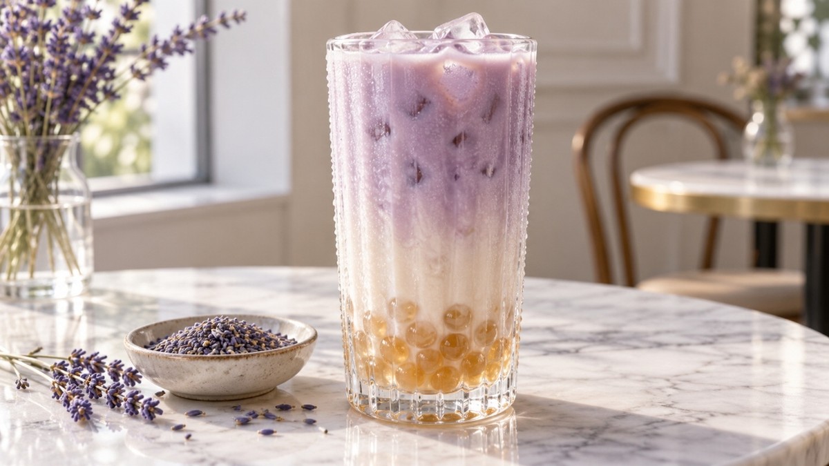 Iced lilac lavender Earl Grey milk tea with honey boba and culinary lavender