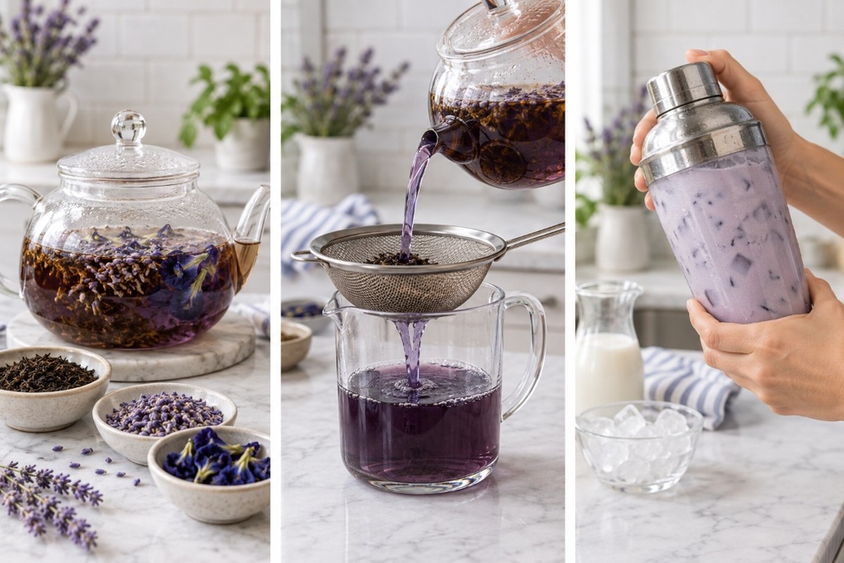 Lavender and Earl Grey steeping, tea straining and milk tea shaking over ice