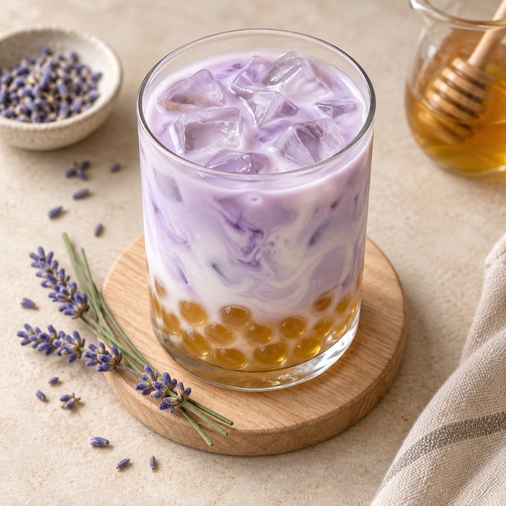 Square view of purple lavender milk tea with chewy boba pearls
