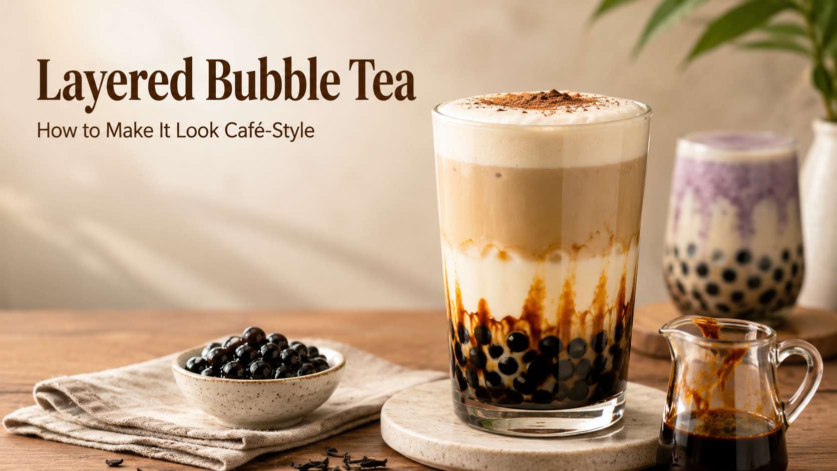Layered bubble tea with foam topping, pearls and brown sugar syrup