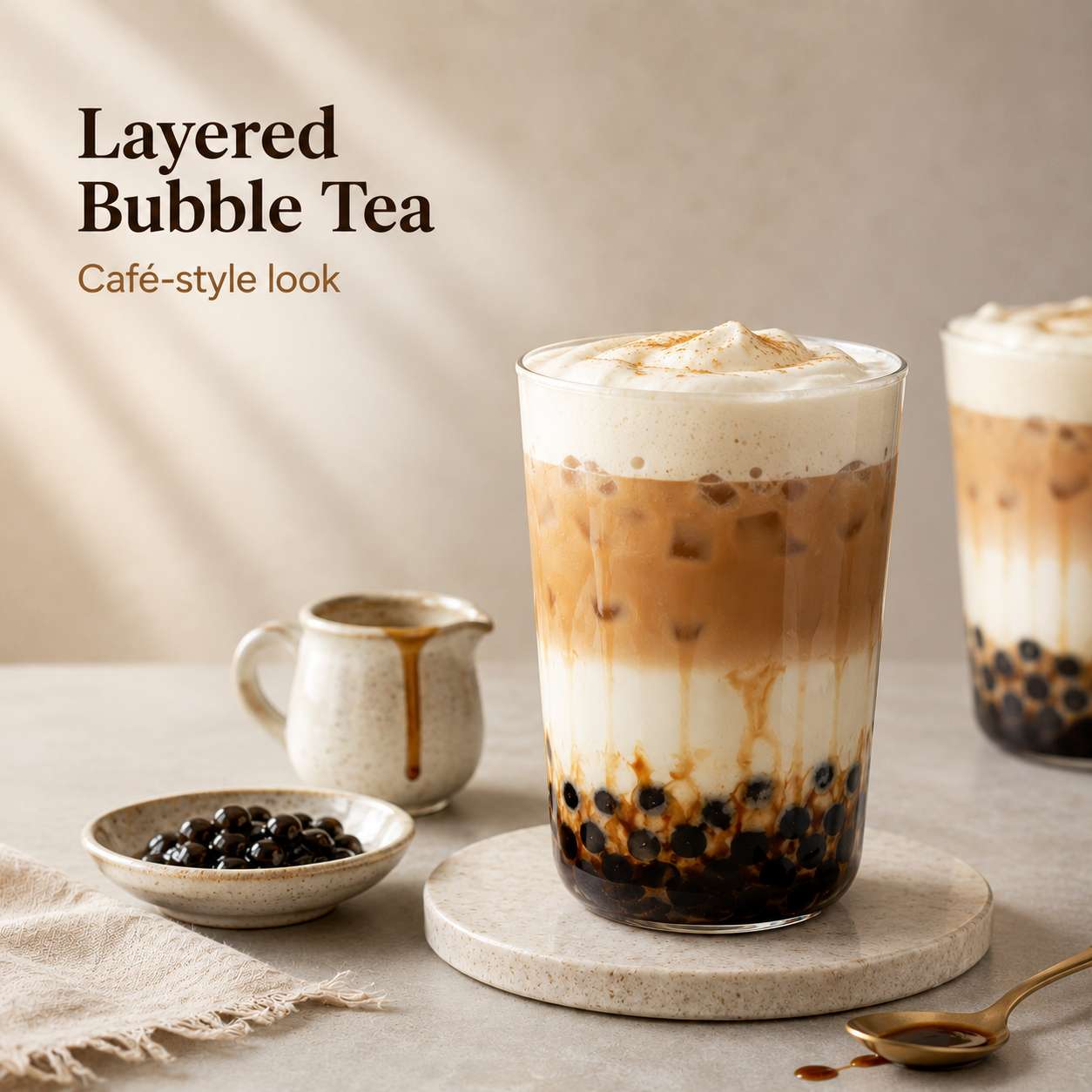 Square image of layered bubble tea with cream foam topping