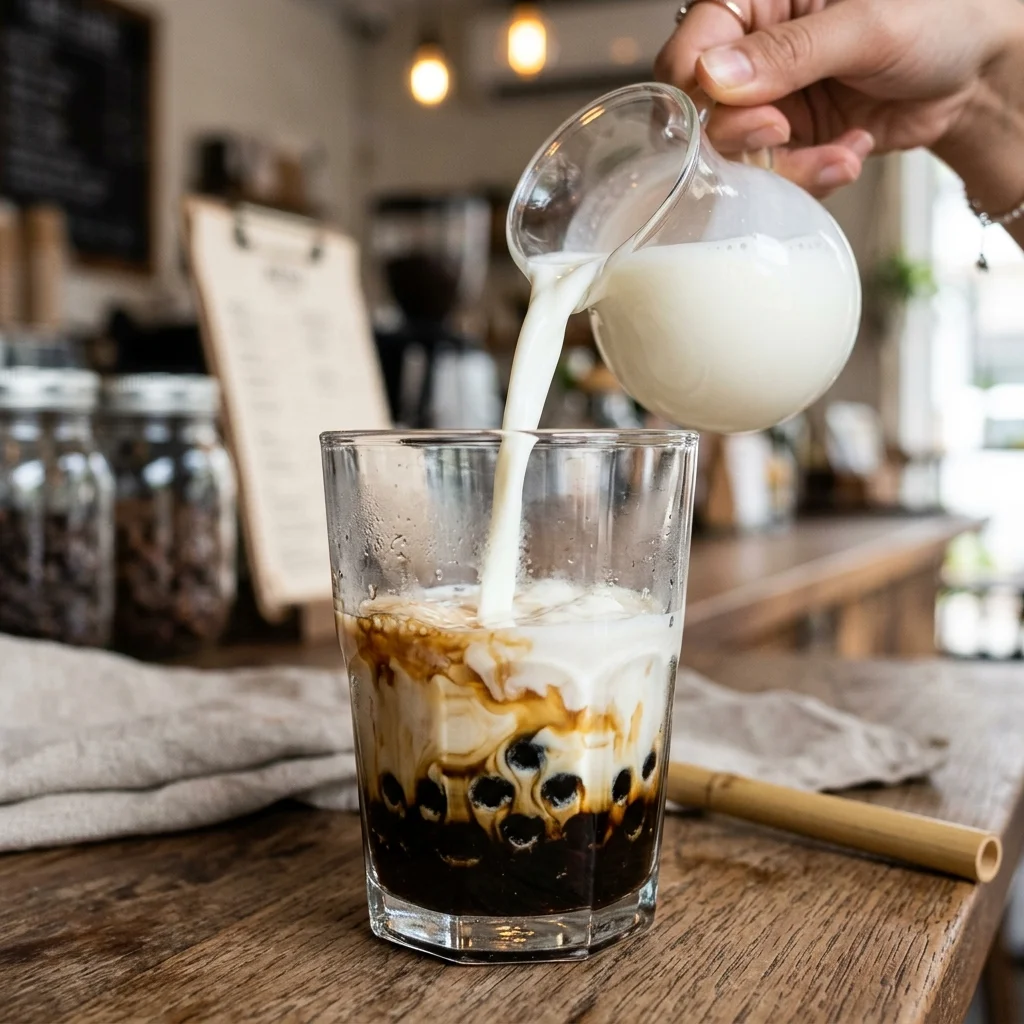 Pouring milk over brown sugar syrup and tapioca pearls to build distinct layers