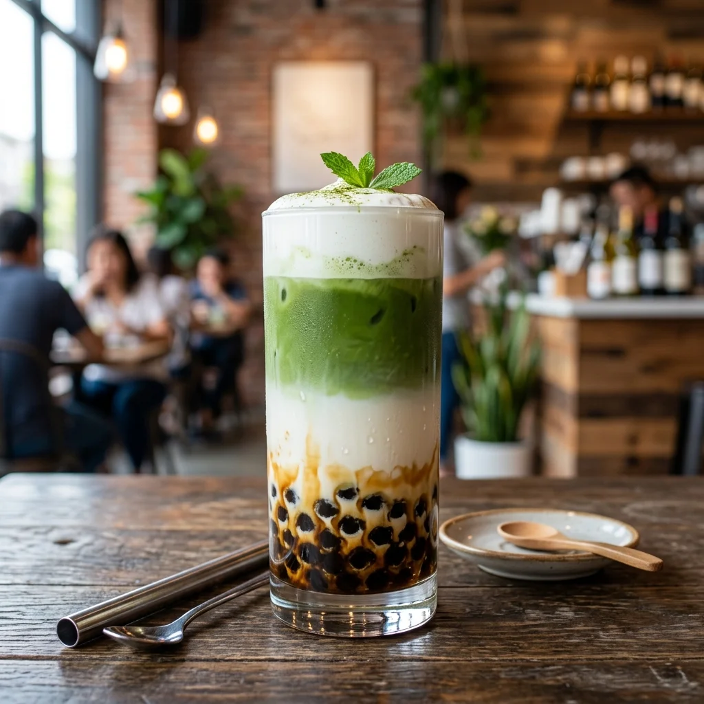 Layered bubble tea showing distinct brown sugar, milk, and matcha layers