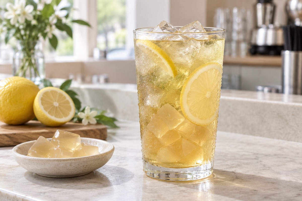 Lemon aiyu jelly tea with ice and jasmine green tea.