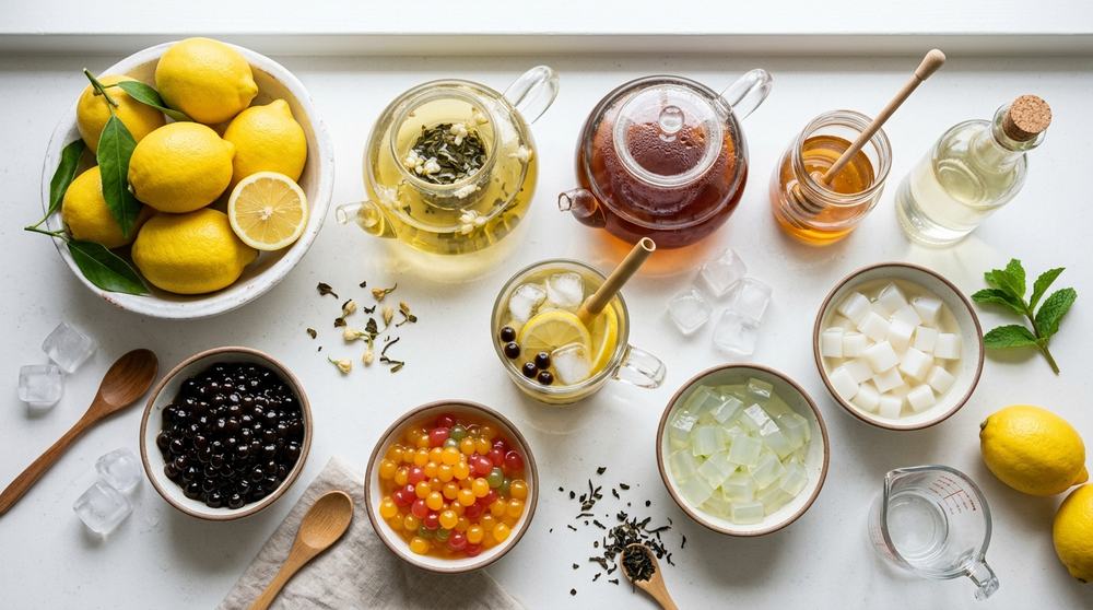Ingredients for lemon bubble tea with tea, lemon, sweetener, ice, and toppings.