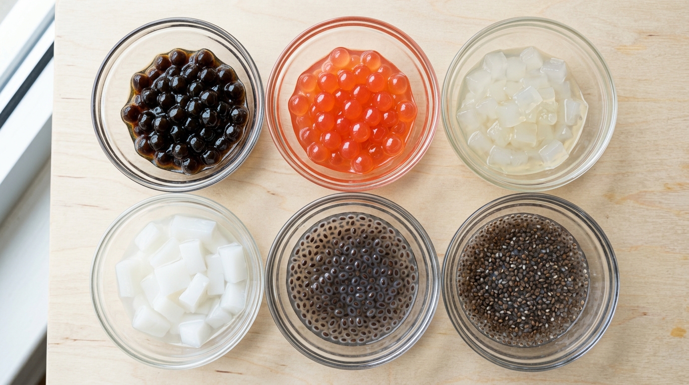 Tapioca pearls, popping boba, aloe, jelly, and seeds for lemon bubble tea.