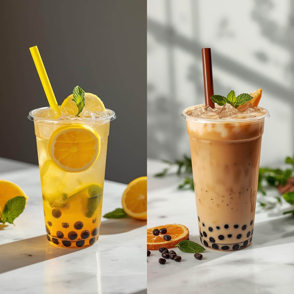 Fresh lemon juice being poured into bubble tea cup with ice and boba pearls