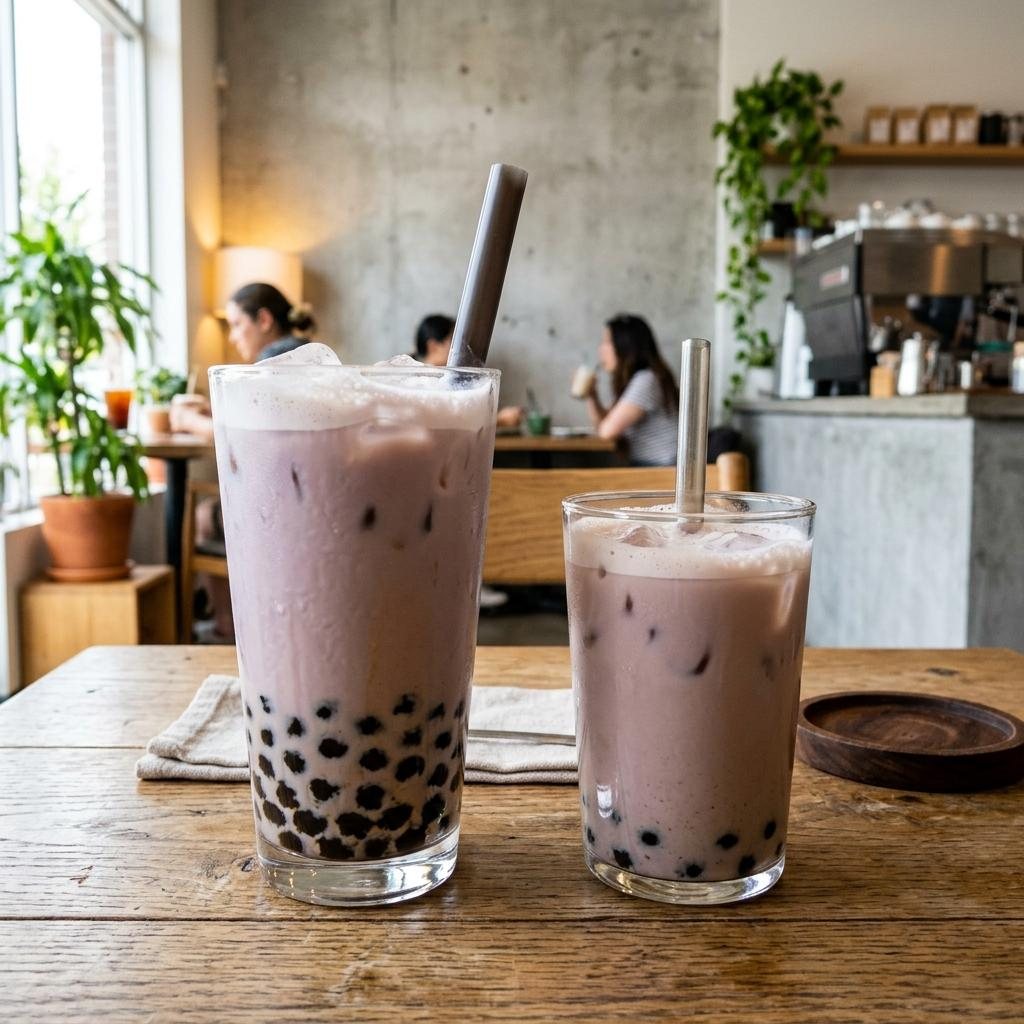 Lighter taro milk tea order with less sugar and fewer toppings.
