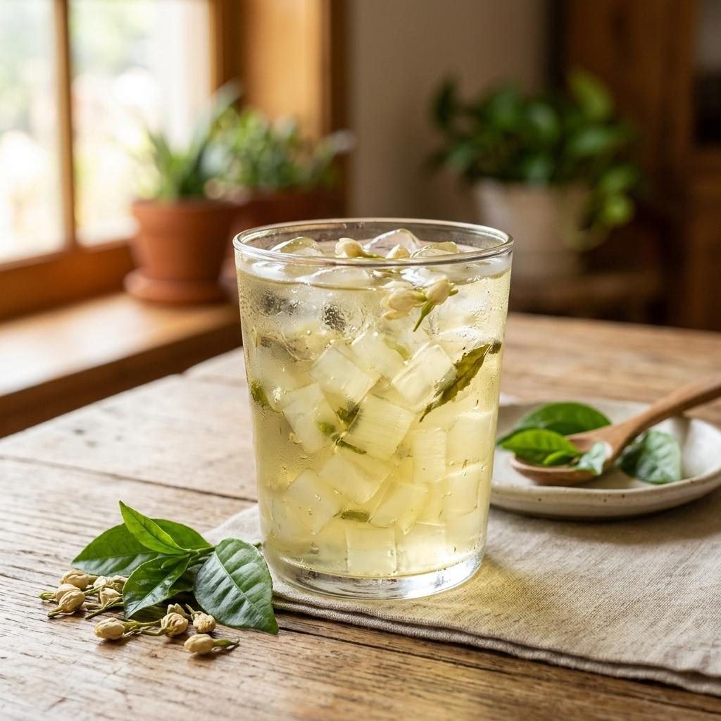 Lower-calorie green tea boba order with a lighter topping.