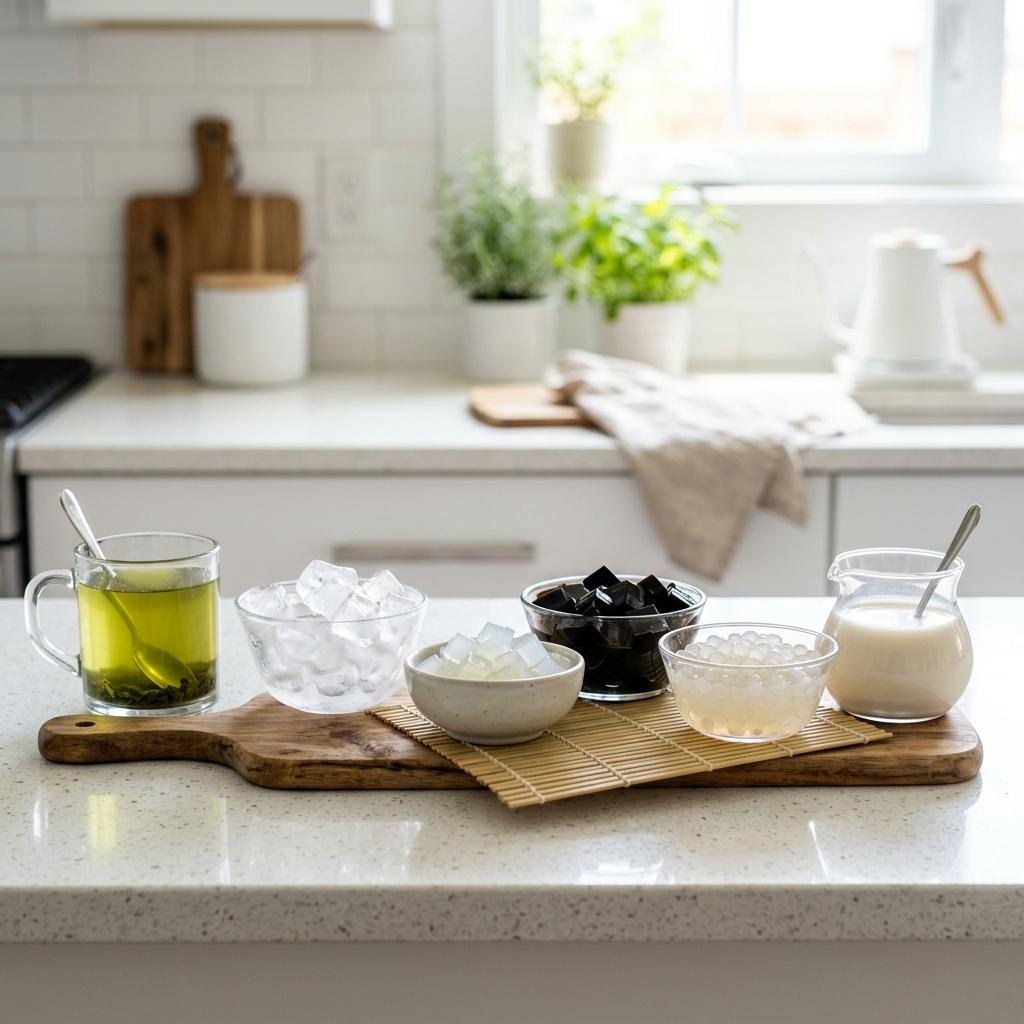 Low-calorie green tea bubble tea recipe ingredients.