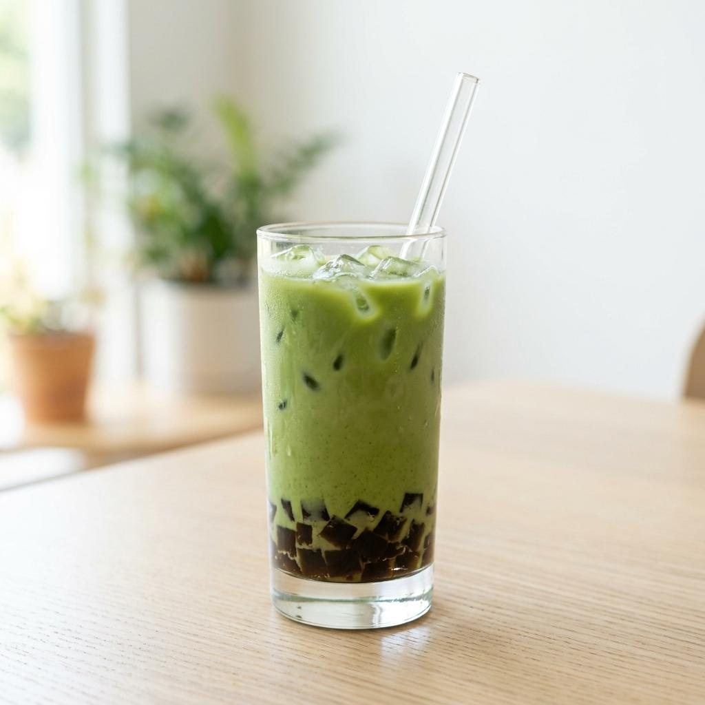 Lower-calorie matcha milk tea order with less sugar and fewer toppings.