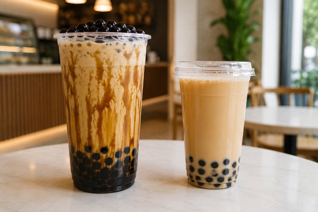 Lower-calorie Thai tea order with less sugar and fewer toppings.