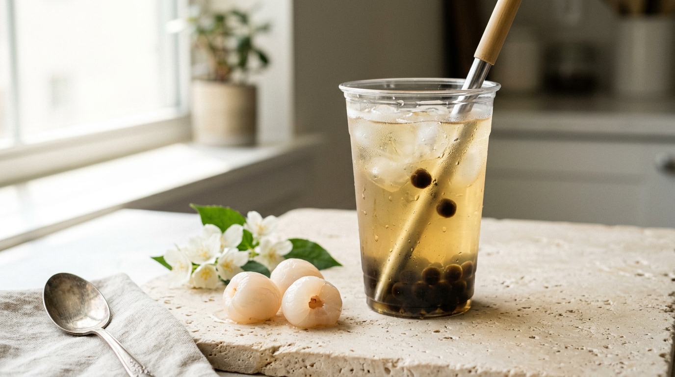 Lychee boba with jasmine green tea, ice and tapioca pearls