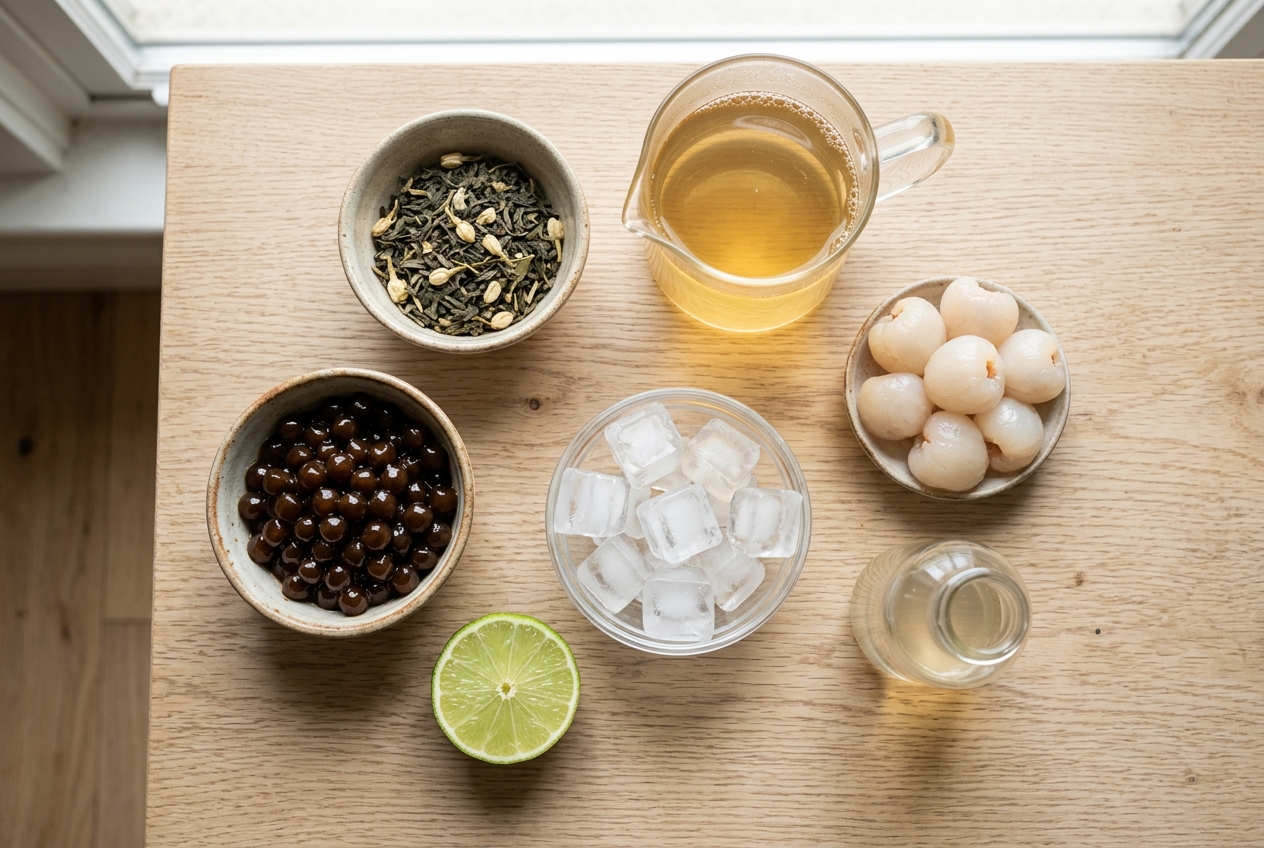 Jasmine tea, lychee syrup, lime, ice and boba toppings for the recipe