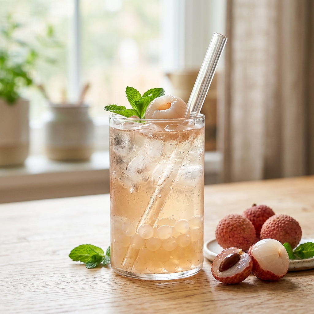 Iced lychee boba tea thumbnail square