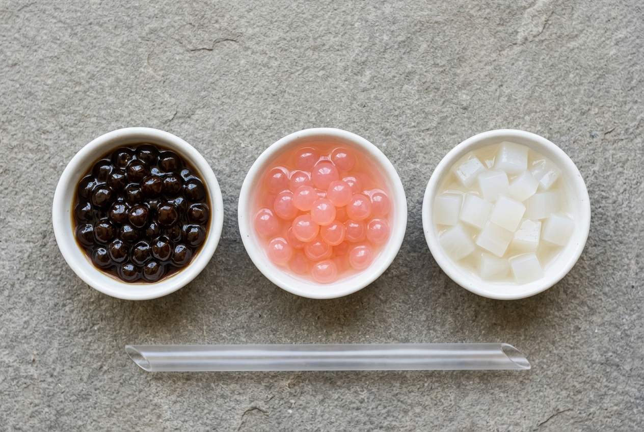 Tapioca pearls, lychee popping boba and coconut jelly in separate bowls