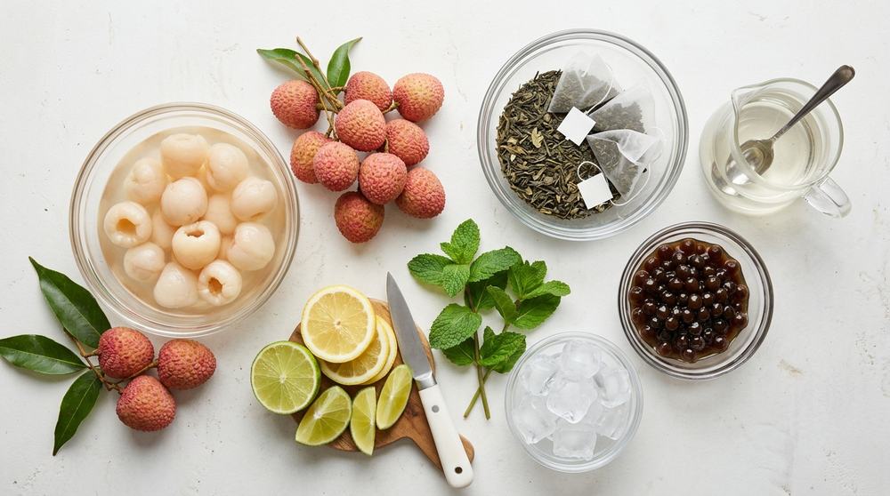 Ingredients for lychee fruit tea with lychee, jasmine tea, lemon, syrup, and ice
