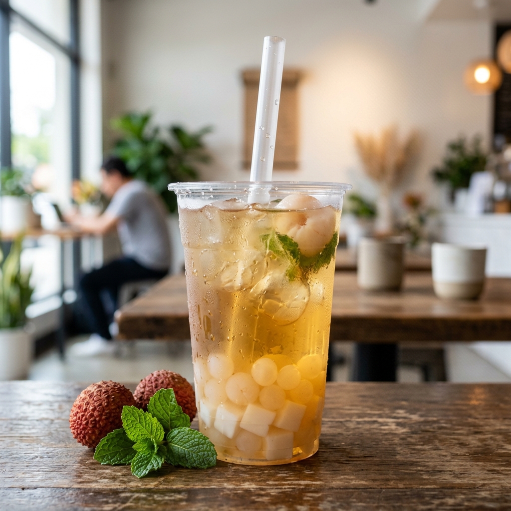 Lychee fruit tea with popping boba and coconut jelly