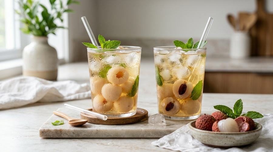 Two glasses of iced lychee fruit tea with lychee fruit and mint