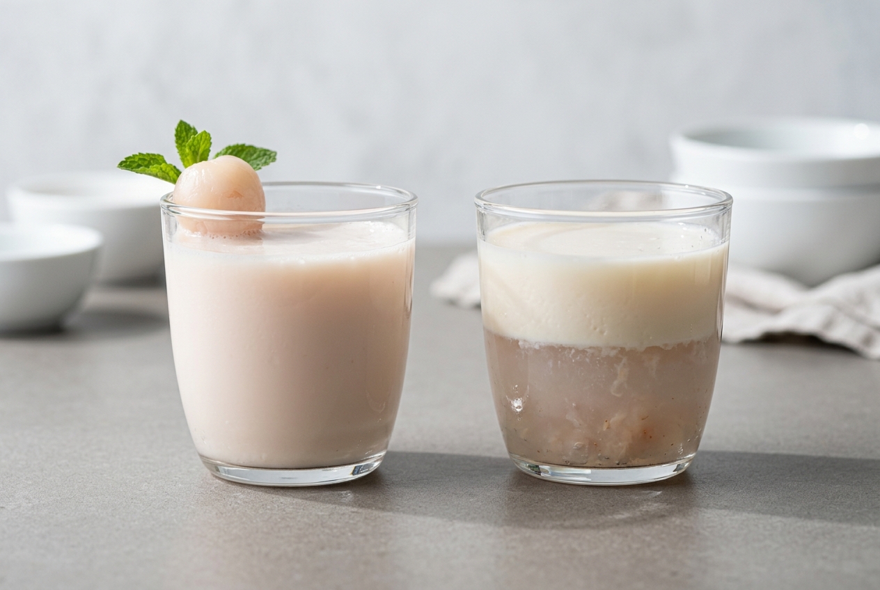 Smooth lychee milk tea beside a curdled test sample