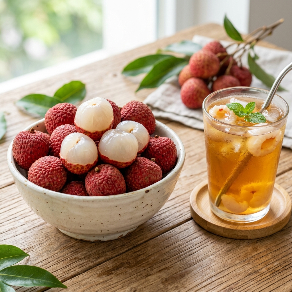 Lychee iced tea recipe with fruit pieces and boba toppings