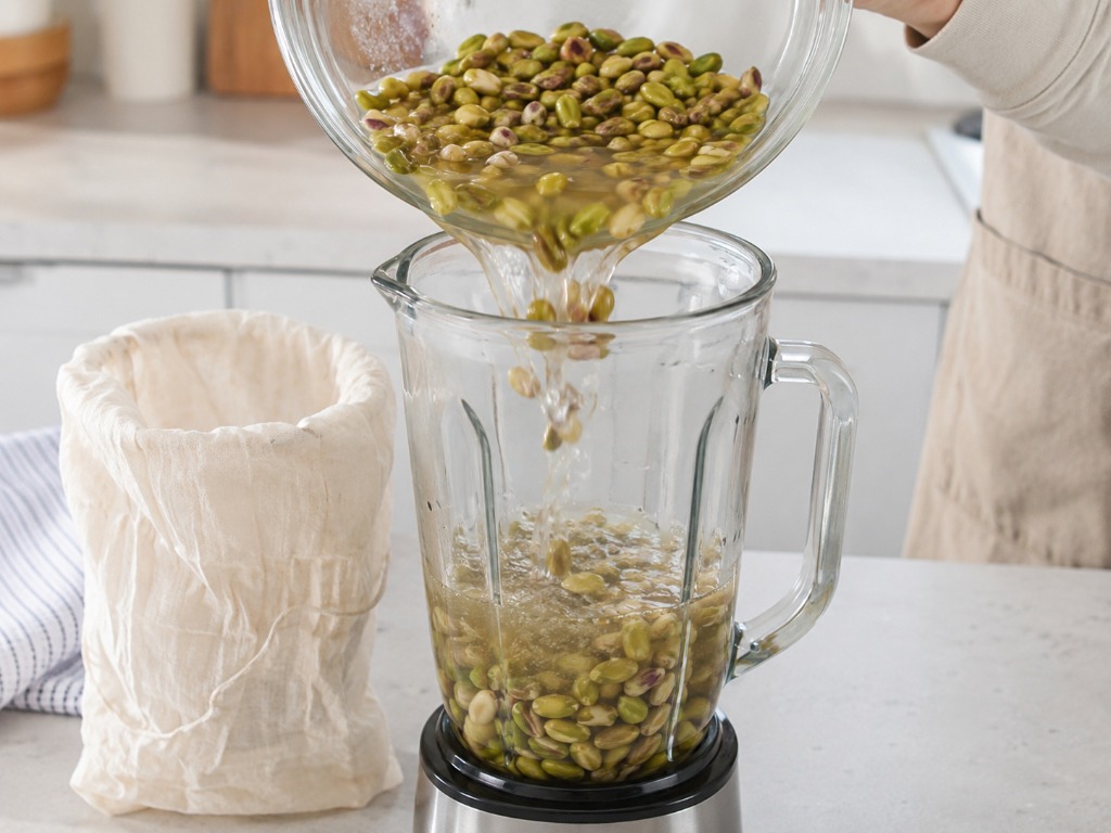 Soaked pistachios being blended with water for pistachio milk
