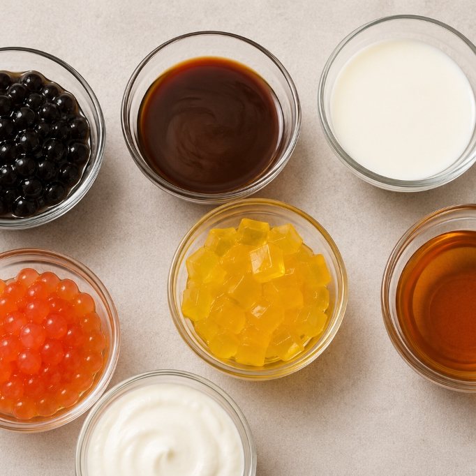 Mango bubble tea drinks used to compare calories by fruit tea, milk tea, and toppings.