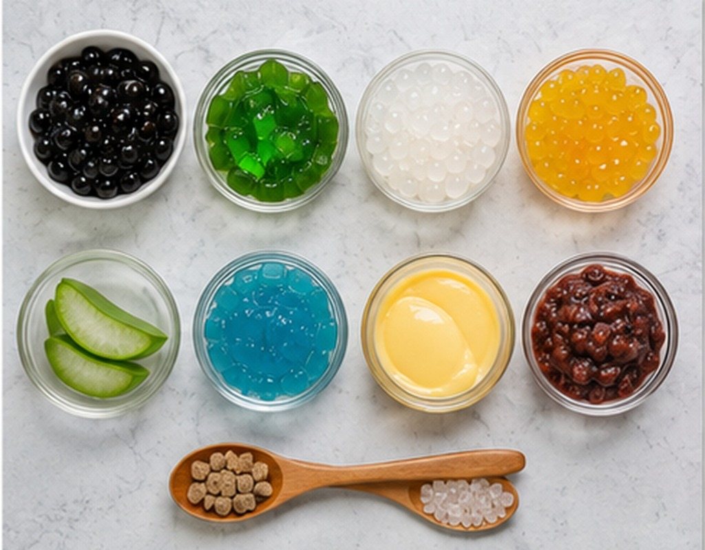 Mango bubble tea ingredients including mango base, milk, tea, syrup, and tapioca pearls.