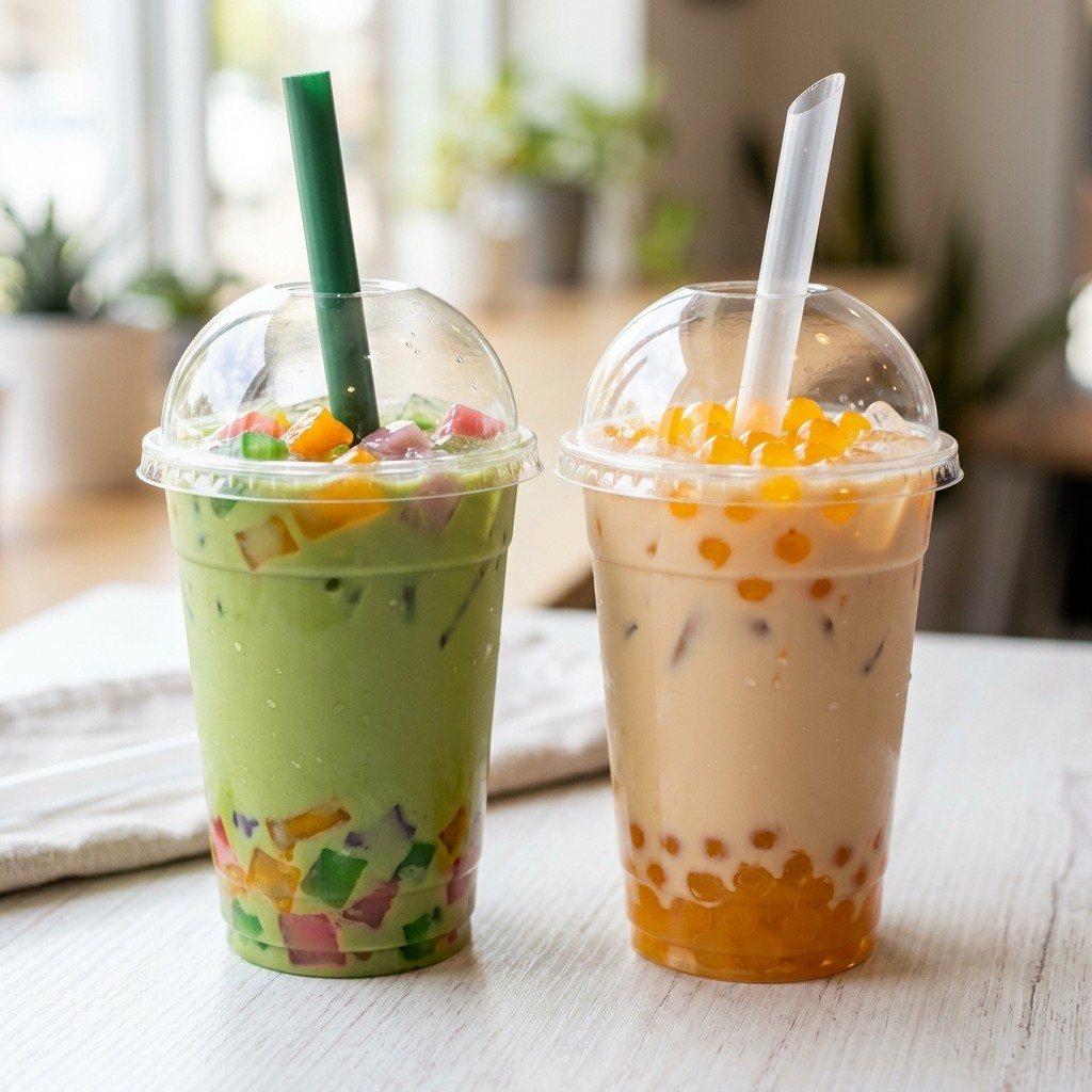 Mango fruit tea beside mango milk tea for calorie comparison.