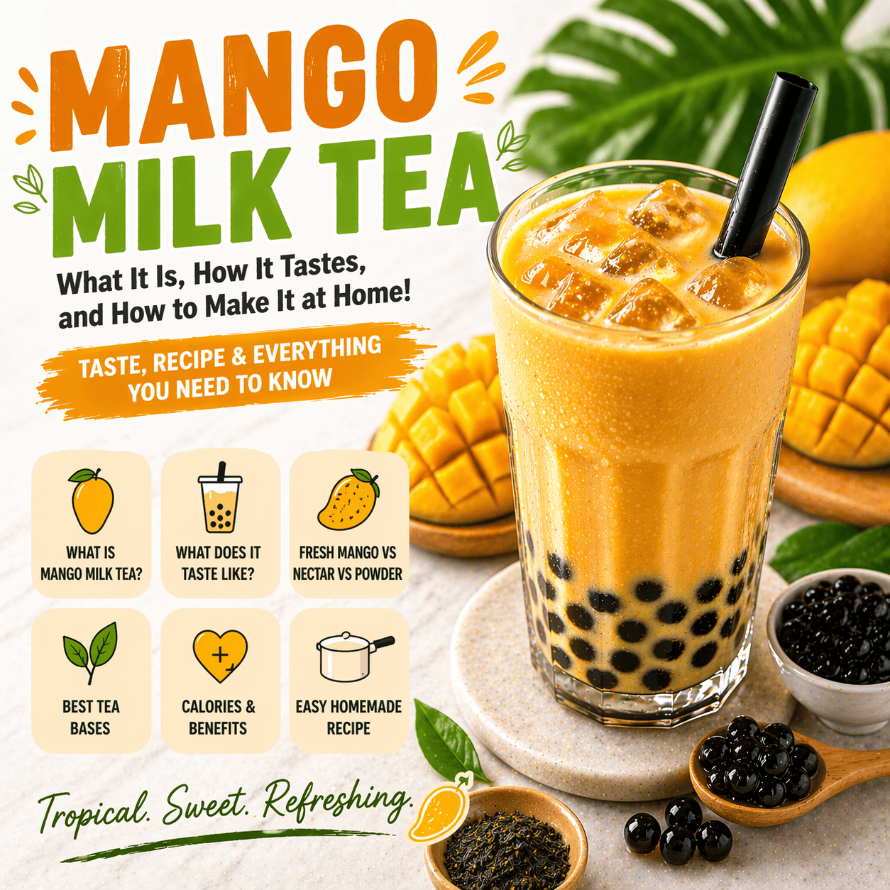 Square blog featured image showing iced mango milk tea with boba pearls, fresh mango, tea leaves, and guide text about mango milk tea taste, recipe, and ingredients.