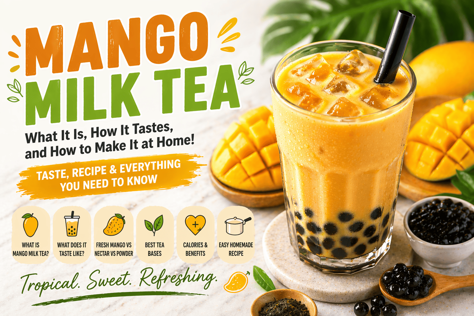 Featured image of creamy mango milk tea with black tapioca pearls, fresh mango slices, mango nectar, and text explaining what mango milk tea is and how to make it at home.
