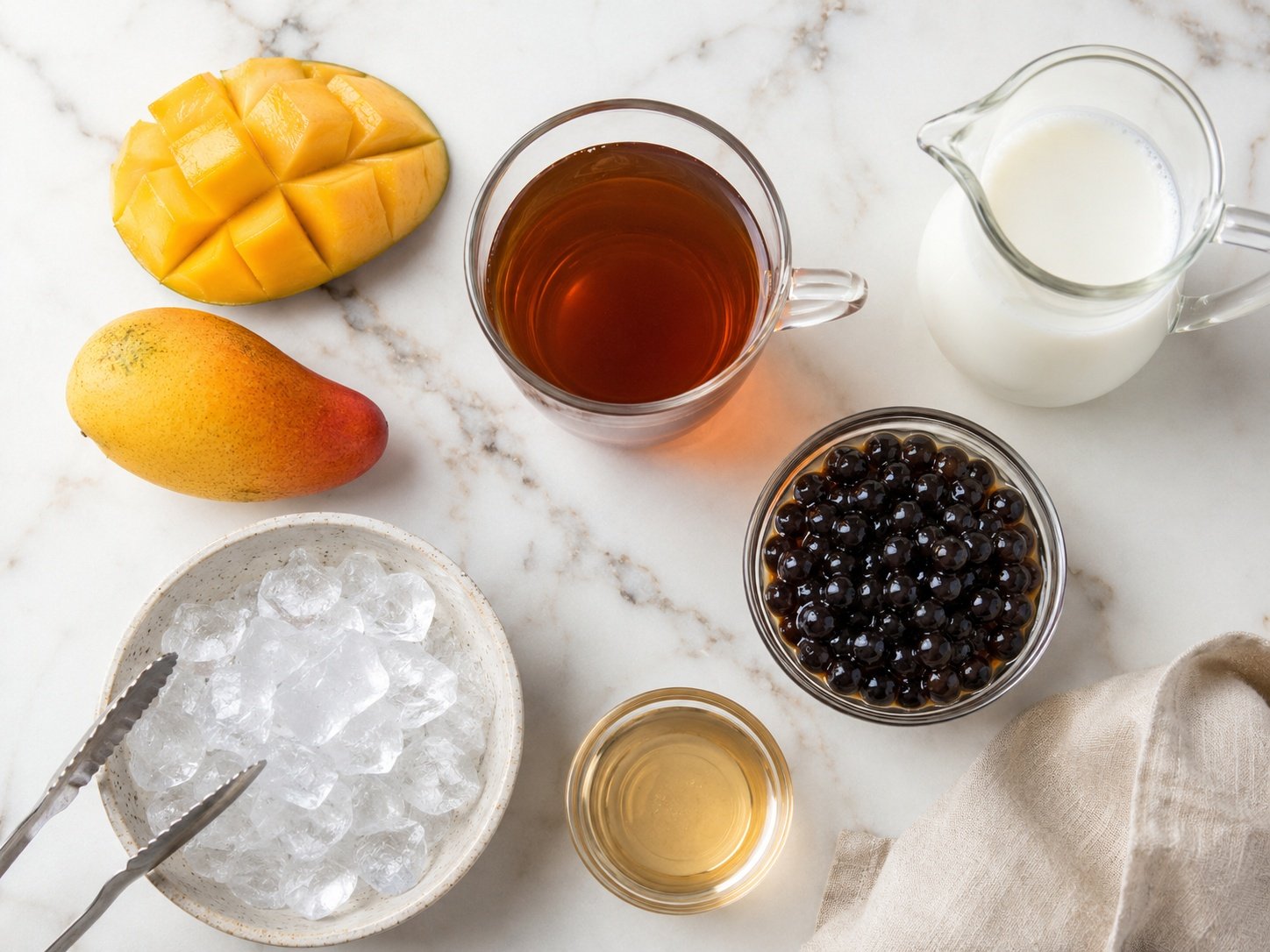 Ingredients for mango milk tea including mango, tea, milk, and tapioca pearls