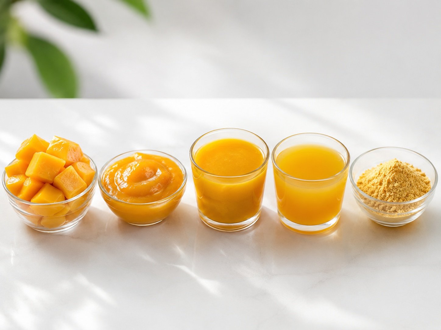 Fresh mango slices, mango puree, mango juice, and mango powder in bowls