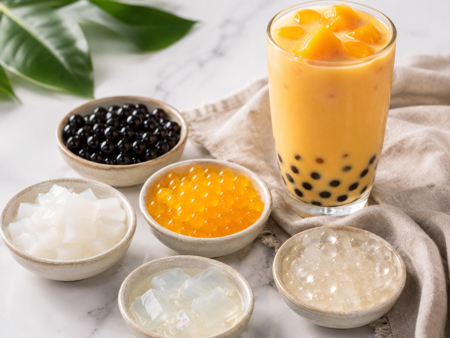 Bubble tea toppings for mango milk tea in bowls