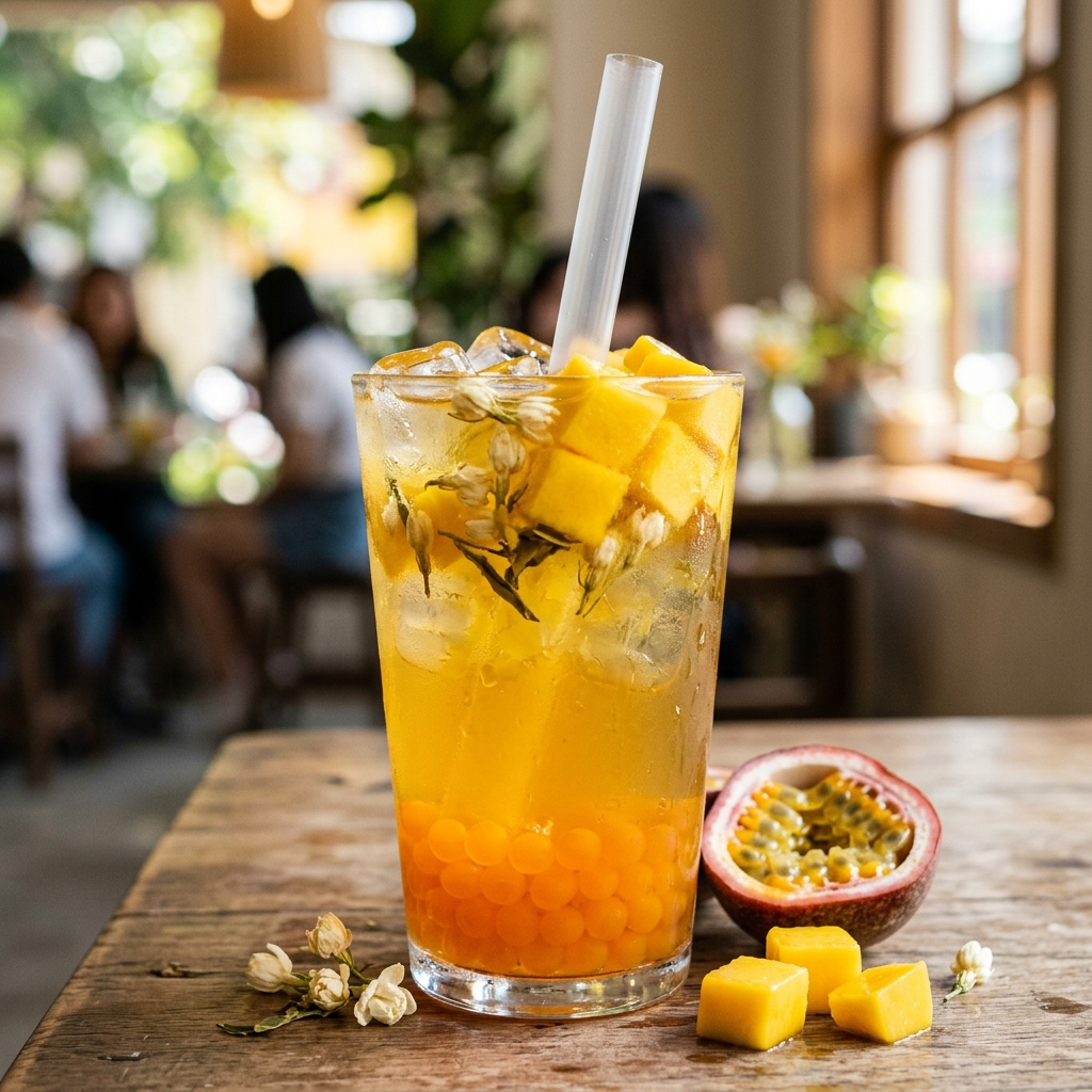 Mango jasmine green tea with passion fruit popping boba