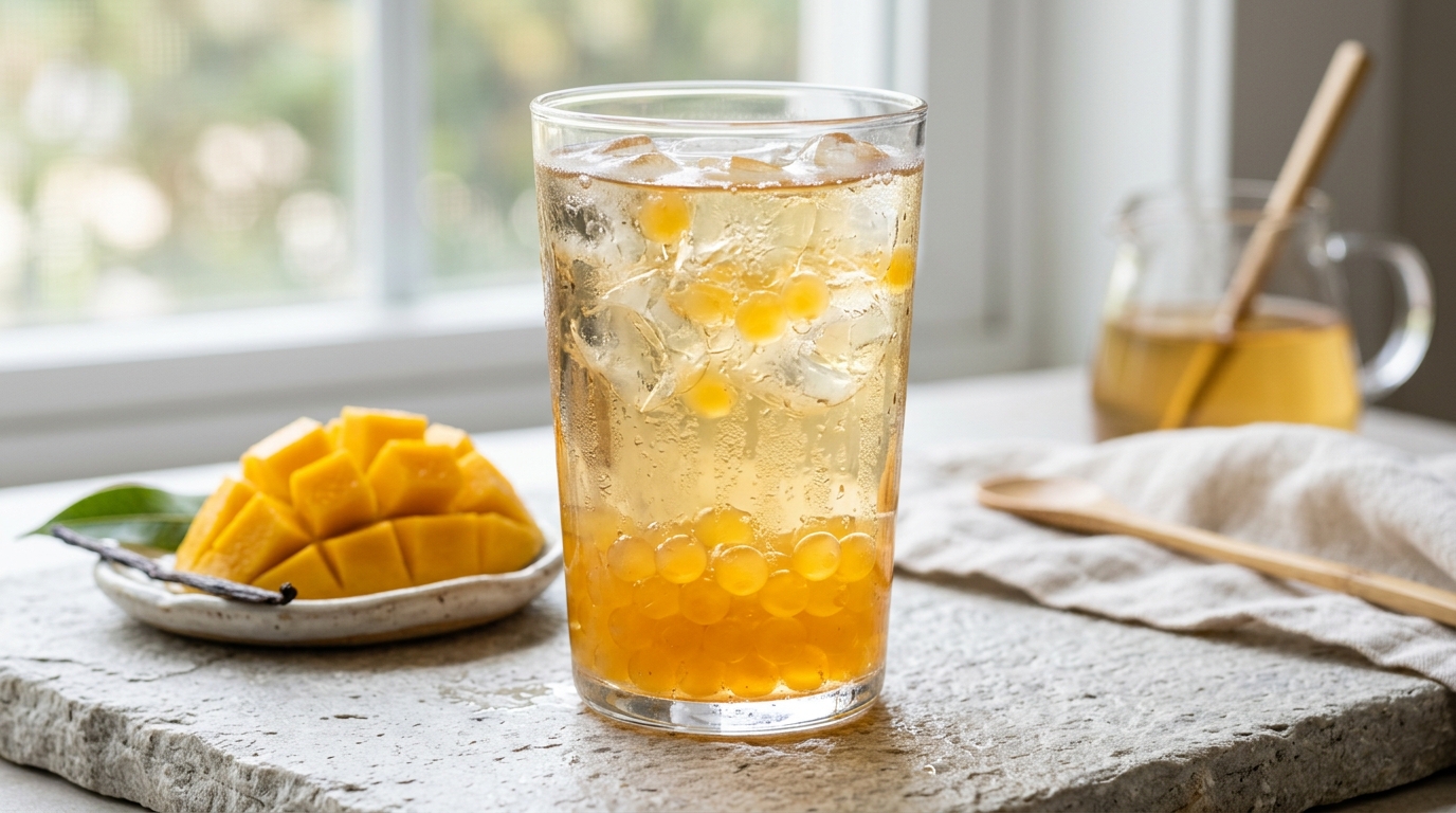 Mango popping boba in iced jasmine green tea with fresh mango