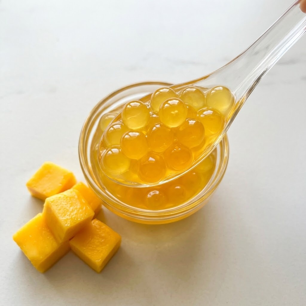 Translucent golden mango popping boba in a clear spoon with ripe mango cubes