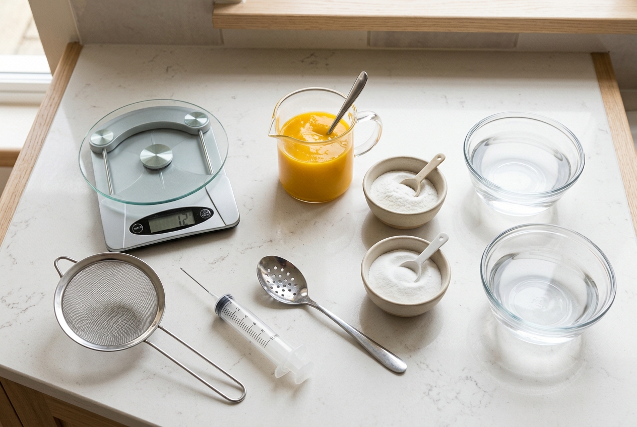 Mango puree, sodium alginate and calcium lactate gluconate for popping boba