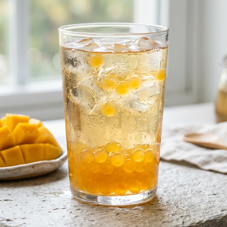 Golden mango popping boba thumbnail square