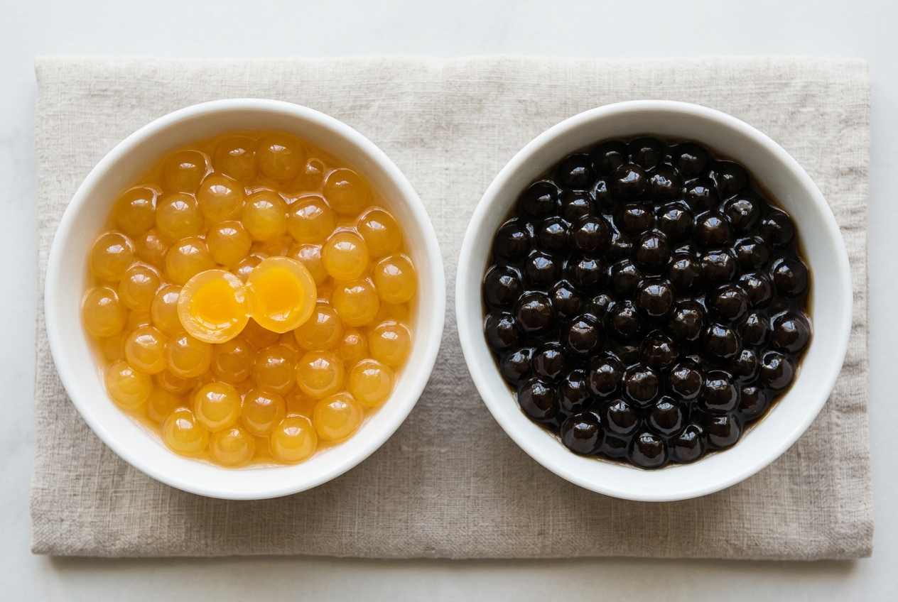 Golden mango popping boba beside dark tapioca pearls