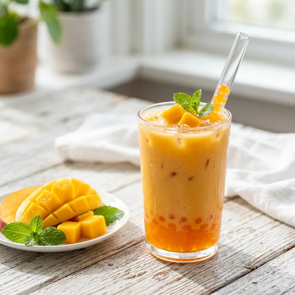 Boba-licious drinks with tapioca pearls and fruity toppings set against a tropical beach with trees and ocean waves