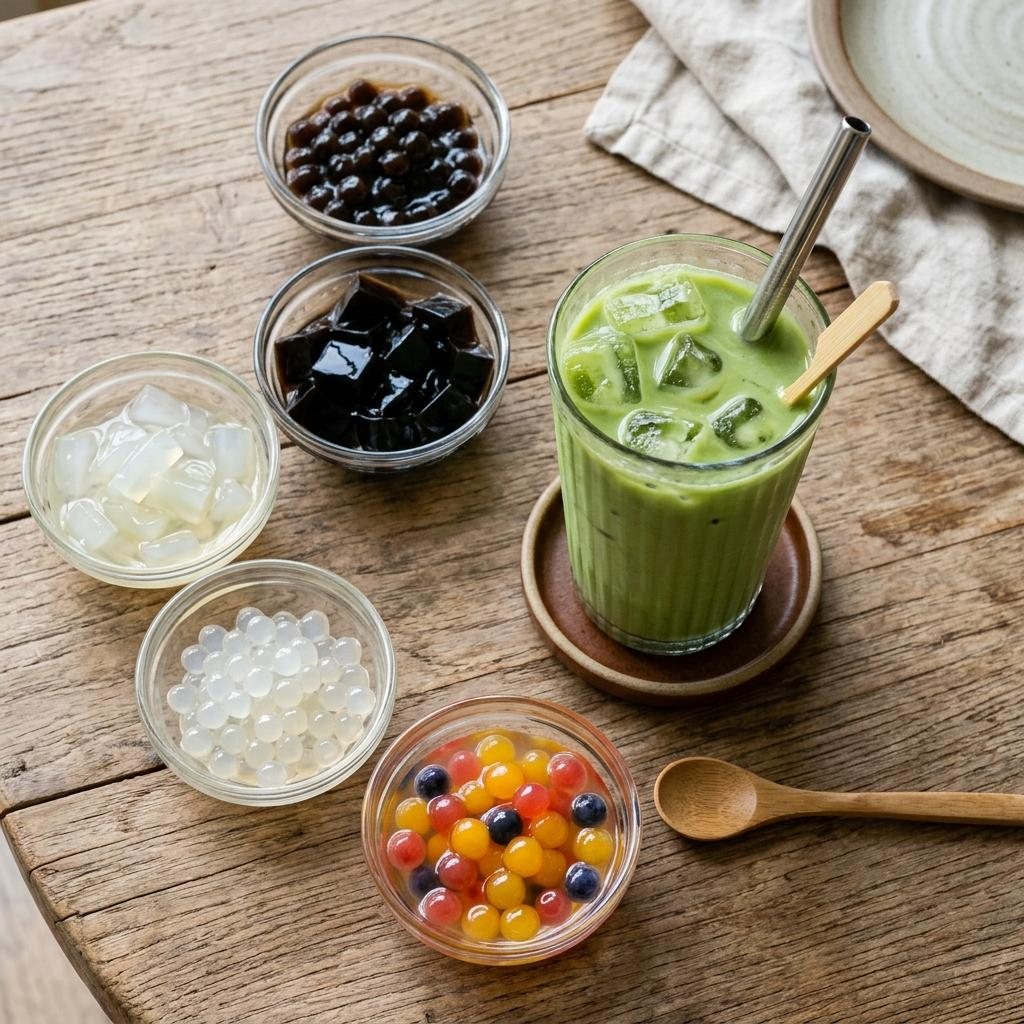 Matcha boba toppings used to compare calorie impact.