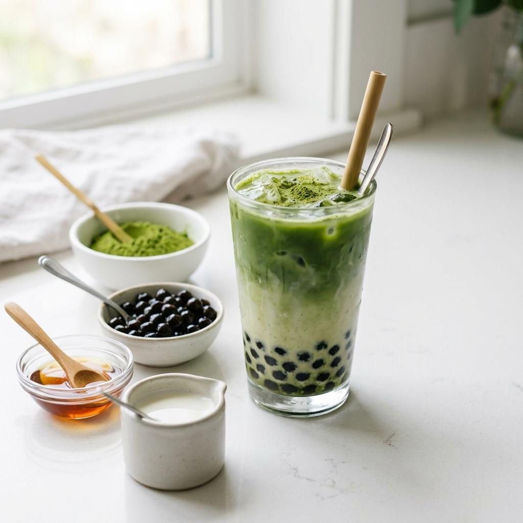 Matcha milk tea ingredients used to compare calories from milk, sugar, and toppings.
