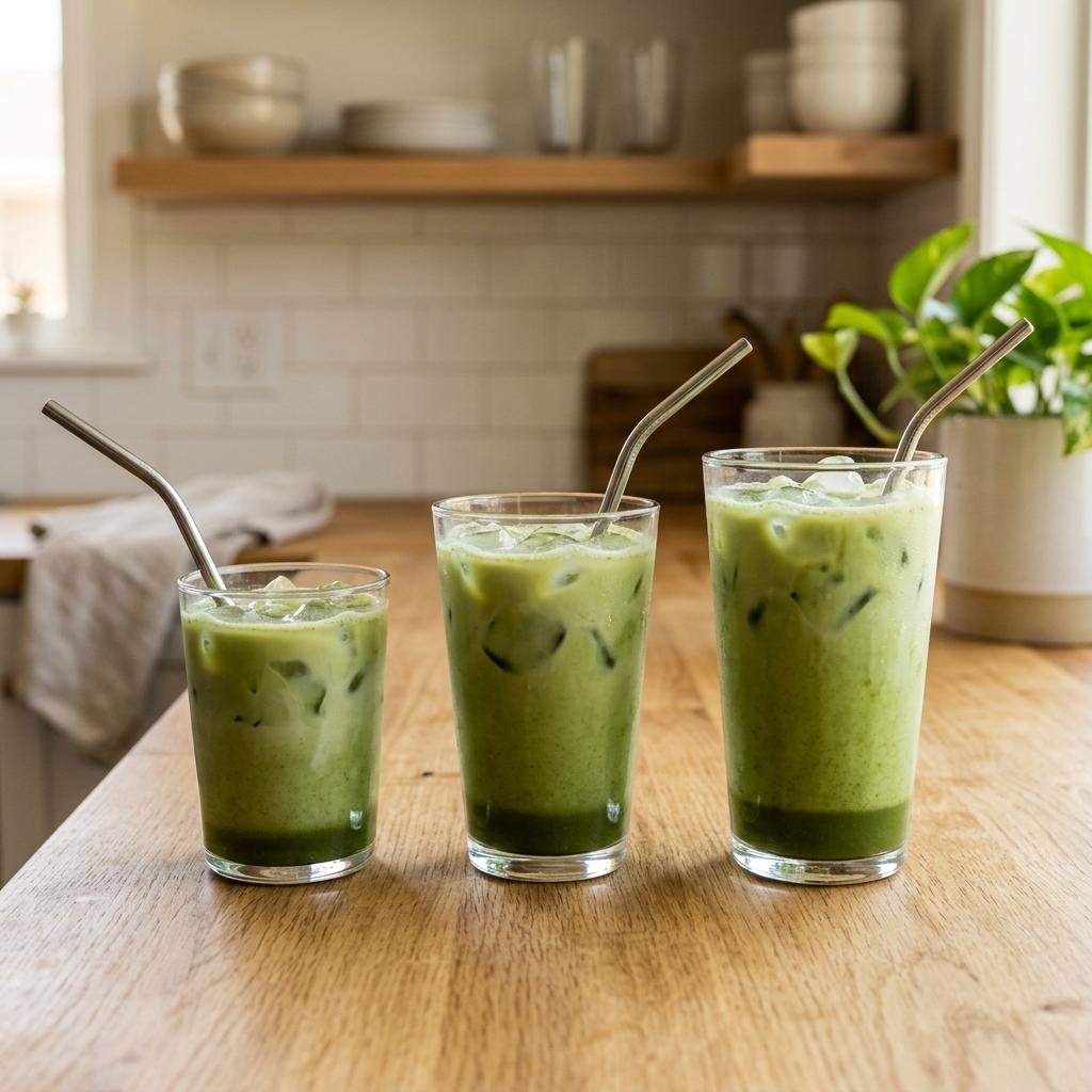 Different matcha milk tea cup sizes used to compare calorie ranges.