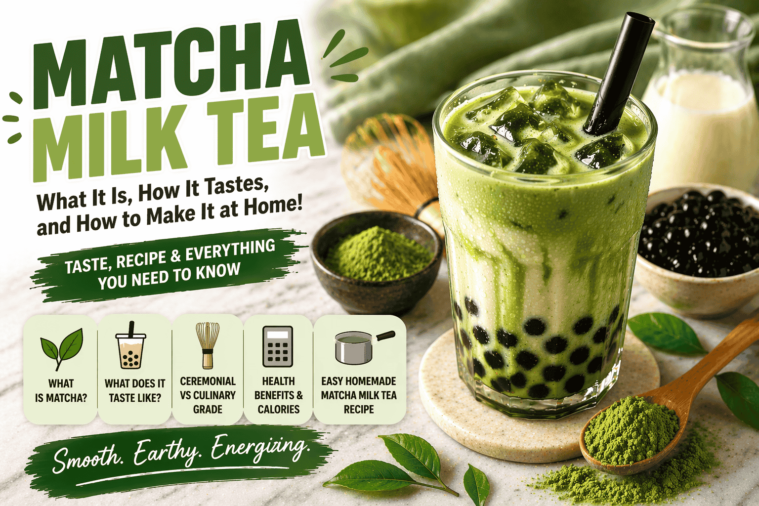 Featured image of iced matcha milk tea with black tapioca pearls, matcha powder, whisk, and text about taste, recipe, and how to make matcha milk tea at home.