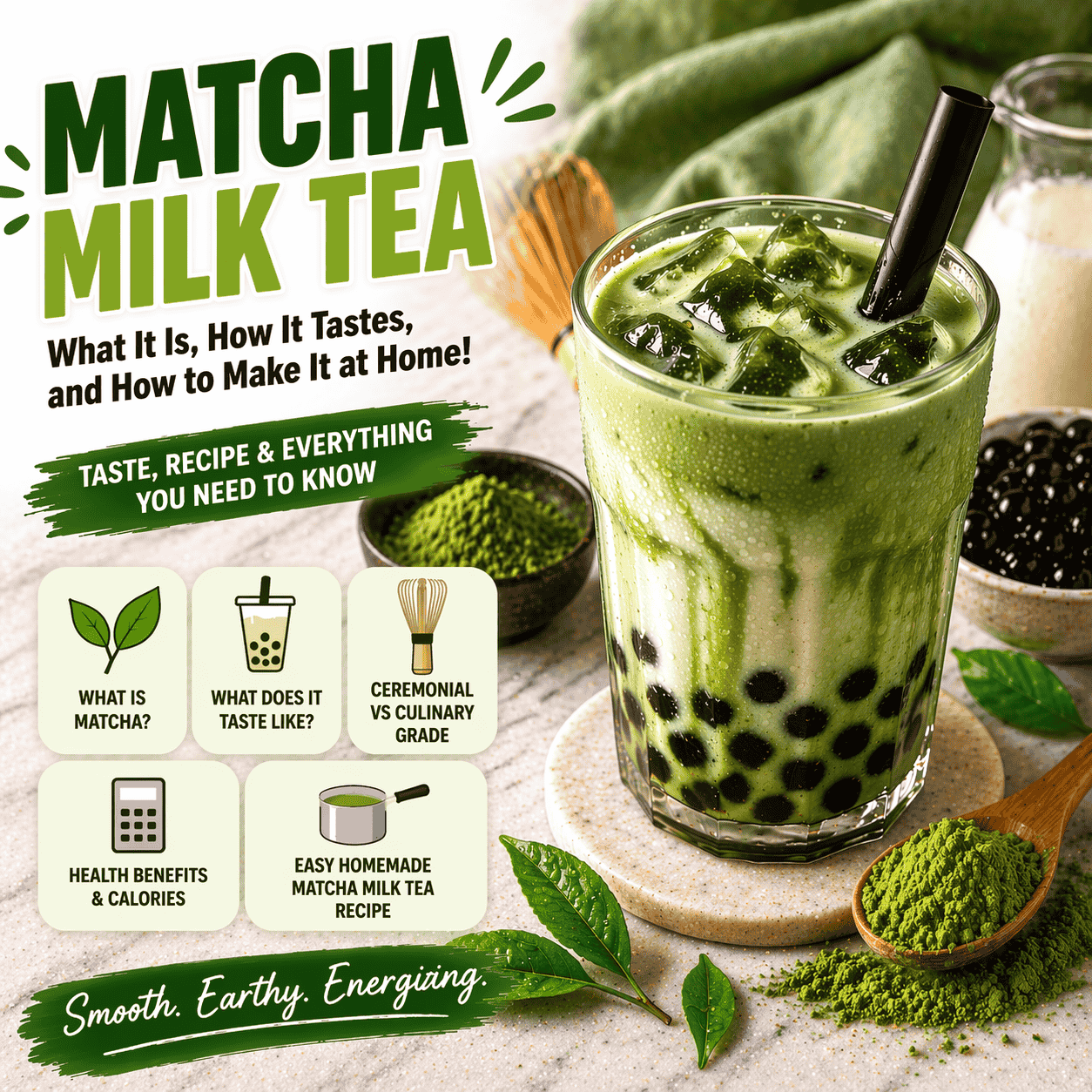 Square blog featured image showing creamy iced matcha milk tea with boba pearls, matcha powder, and guide text explaining what matcha milk tea is and how to make it at home.