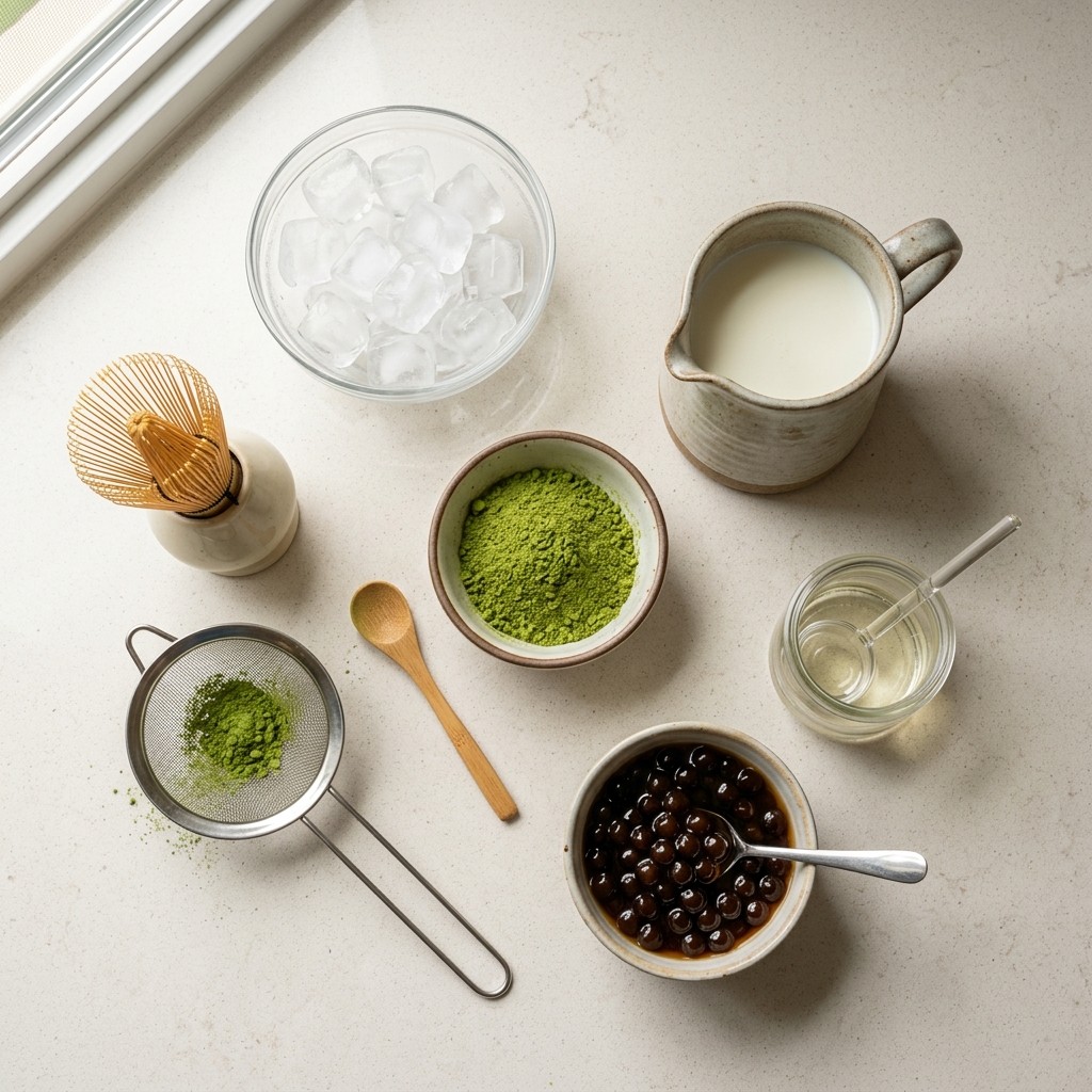 Ingredients for matcha milk tea including matcha powder, milk, sweetener, and boba pearls