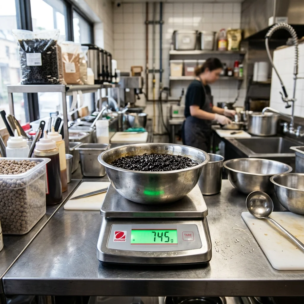 Weighing black tapioca pearls on a digital kitchen scale in a commercial kitchen