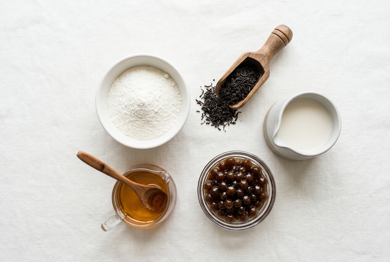 Milk tea creamer powder ingredients with tea, syrup, pearls, and plant milk