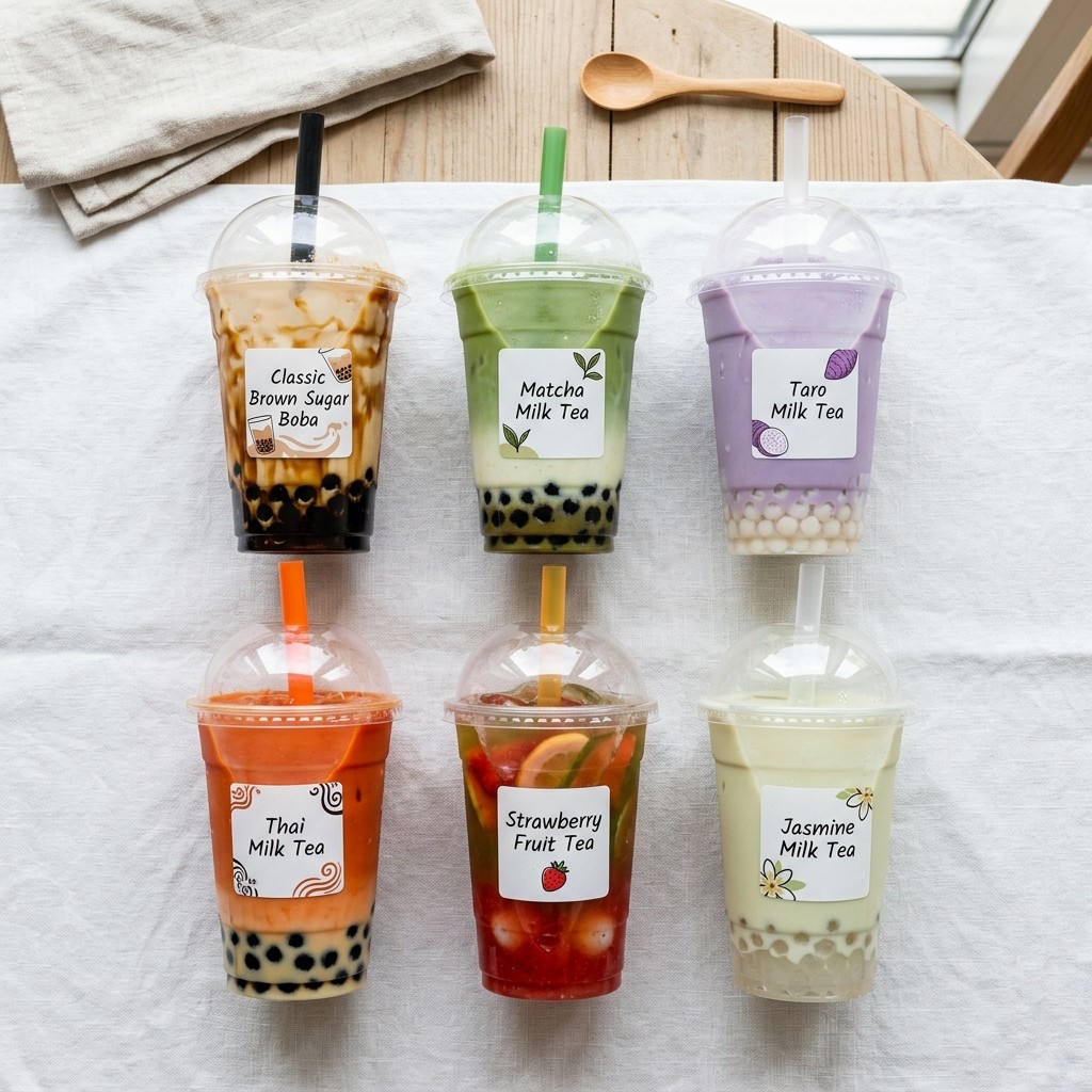 Different milk tea flavor styles shown with tea, milk, fruit, taro, matcha, and brown sugar ingredients